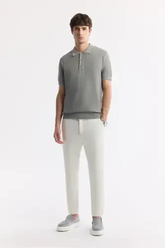 Men's Gray Regular Fit Polo Neck Textured Knit T-shirt B005120-Gray - 5