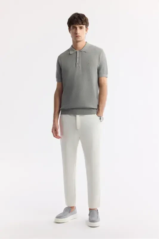 Men's Gray Regular Fit Polo Neck Textured Knit T-shirt B005120-Gray - 5