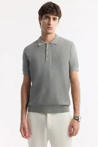 Men's Gray Regular Fit Polo Neck Textured Knit T-shirt B005120-Gray - 6
