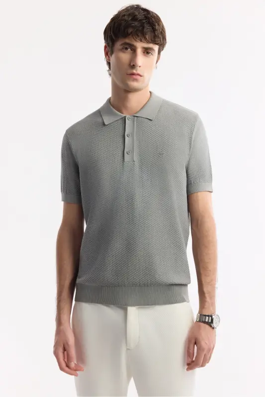 Men's Gray Regular Fit Polo Neck Textured Knit T-shirt B005120-Gray - 6