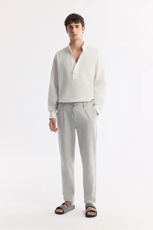 Men's Gray Relaxed Fit Drawstring Waist Linen Blend - 1