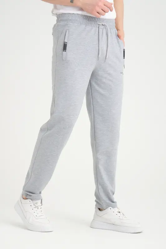 Men's Gray Relaxed Fit Straight Leg Embroidered Detail Jersey Fabric Sweatpants-Gray - 6