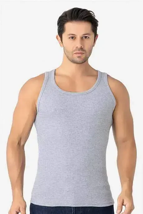 Men's Gray Ribbed Tank Top Cotton Lycra Rib Halter Neck Slim Fit Tank Top - 1