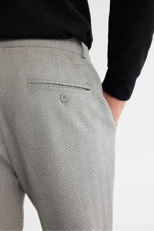 Men's Gray Slim Fit Herringbone Textured Side Elastic - 5