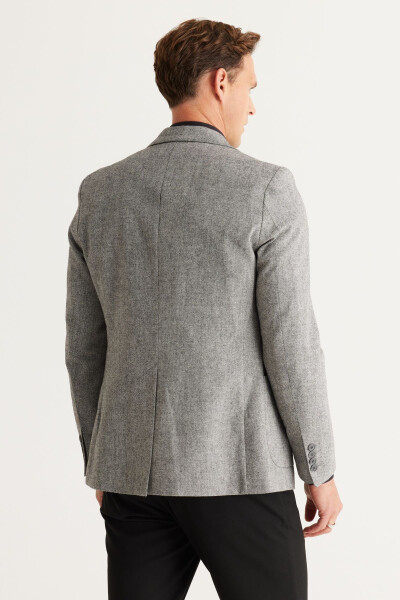Men's Gray Slim Fit Narrow Cut Mono Collar Wool Blazer - 5