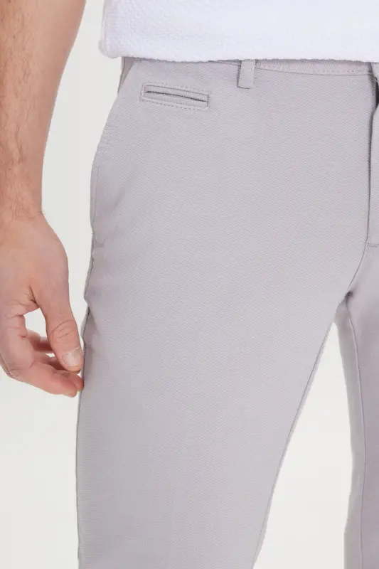 Men's Gray Slim Fit Narrow Cut Side Pocket Cotton Flexible Dobby Trousers - Gray - 4
