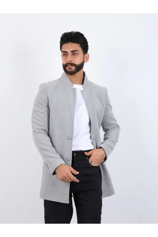 Men's gray slim fit notched lapel cashmere coat - BS BLACK SMOKİN