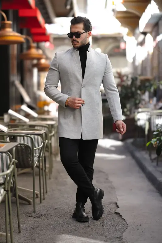 Men's Gray Slim Fit Stand-Up Collar Wool Coat-Gray - 3
