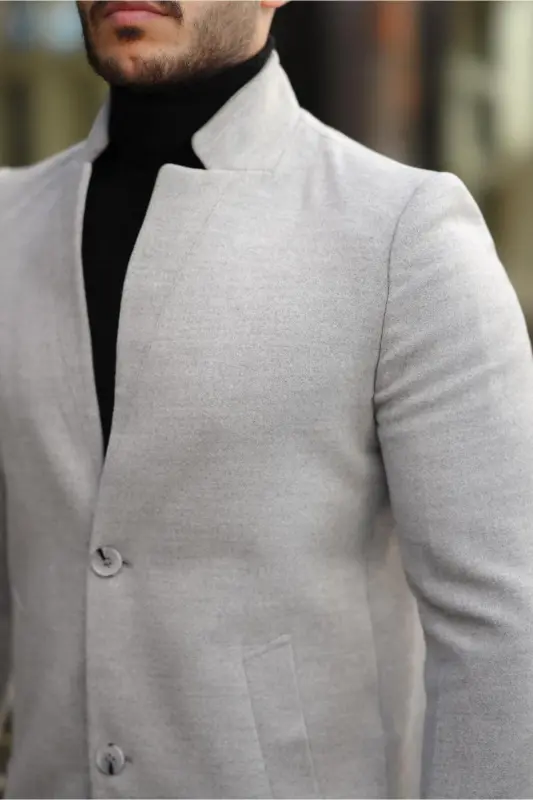 Men's Gray Slim Fit Stand-Up Collar Wool Coat-Gray - 4
