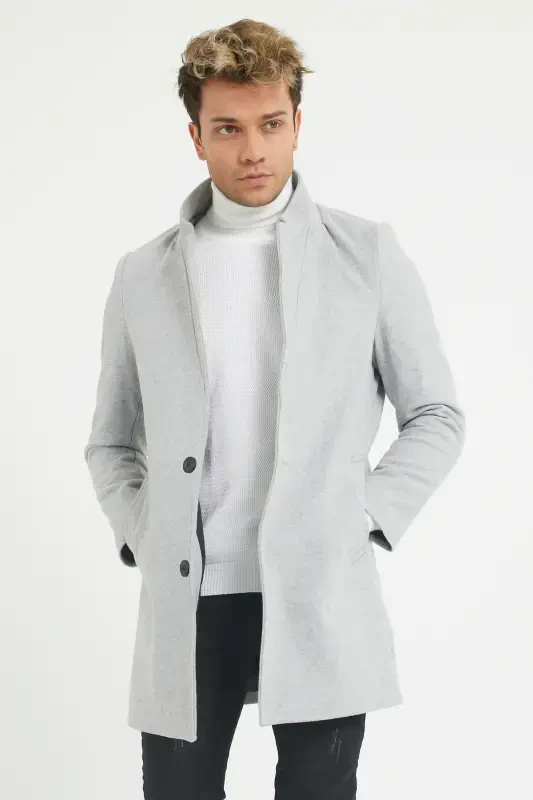 Men's Gray Slim Fit Stand-Up Collar Wool Coat-Gray - MODAMESTO