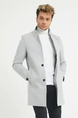 Men's Gray Slim Fit Stand-Up Collar Wool Coat-Gray - MODAMESTO (1)