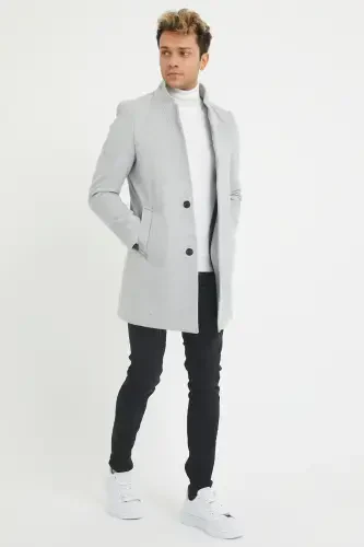 Men's Gray Slim Fit Stand-Up Collar Wool Coat-Gray - 4