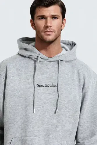 Men's Gray Spectacular Printed 3-Thread Fleece Hooded Kangaroo Pocket Oversize Slouchy Hoodie Sweatshirt-Gray - 1