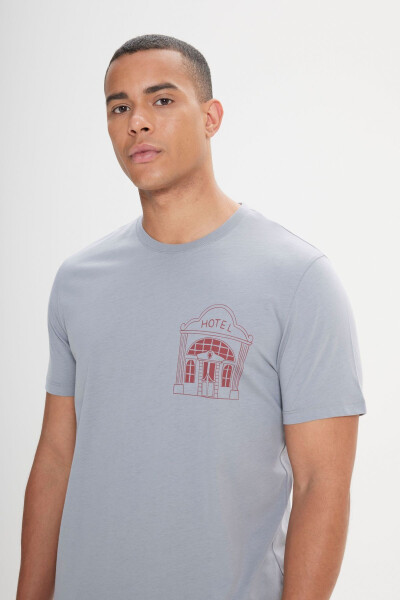 Men's Gray Standard Fit Regular Fit 100% Cotton Printed Crew Neck T-Shirt - 13