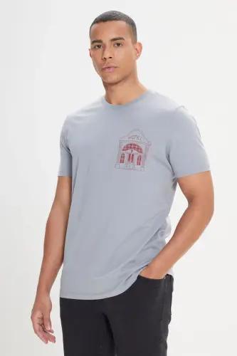 Men's Gray Standard Fit Regular Fit 100% Cotton Printed Crew Neck T-Shirt - 5