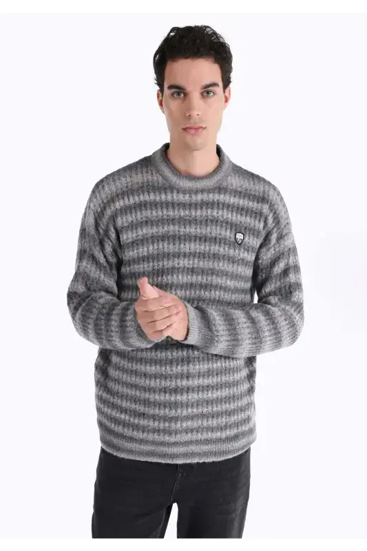 Men's gray striped crew neck knit sweater - 1