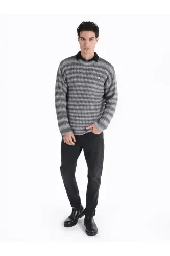 Men's gray striped crew neck knit sweater - 3