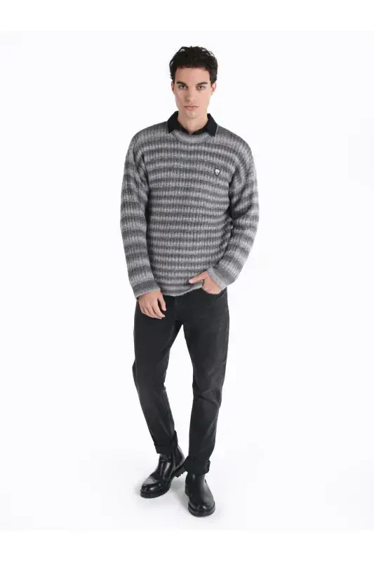 Men's gray striped crew neck knit sweater - 3