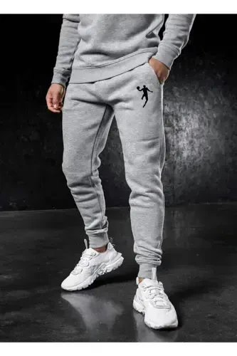 Men's Gray Thick Fabric Jogger Sweatpants Slim Fit-Gray Printed - 3
