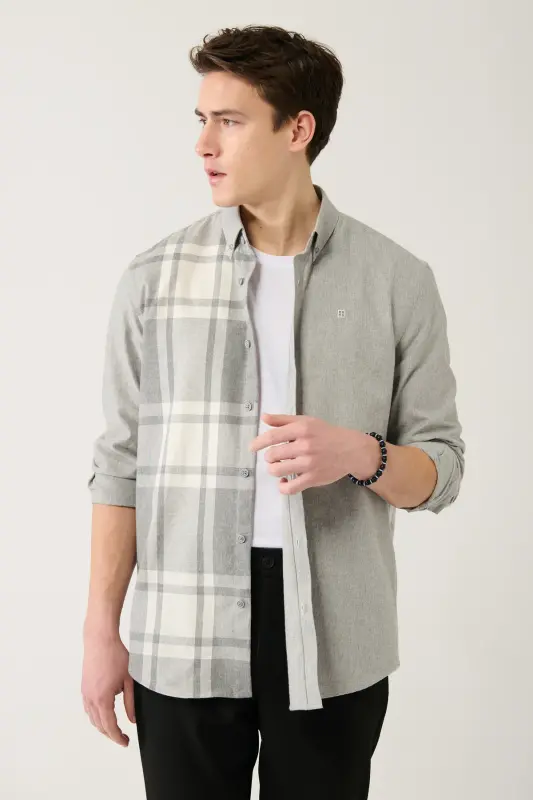 Men's Gray Unisex Lumberjack Shirt Button Down Collar 100% Cotton Plaid Flannel Comfort Fit A32y2119 - 1