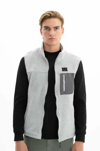 Men's Gray Winter Zipper Pocket Full Zipper Short Sleeve Regular Fit Vest K26424674201-Gray - 4