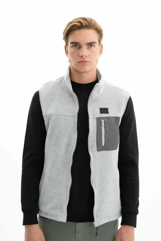 Men's Gray Winter Zipper Pocket Full Zipper Short Sleeve Regular Fit Vest K26424674201-Gray - 4