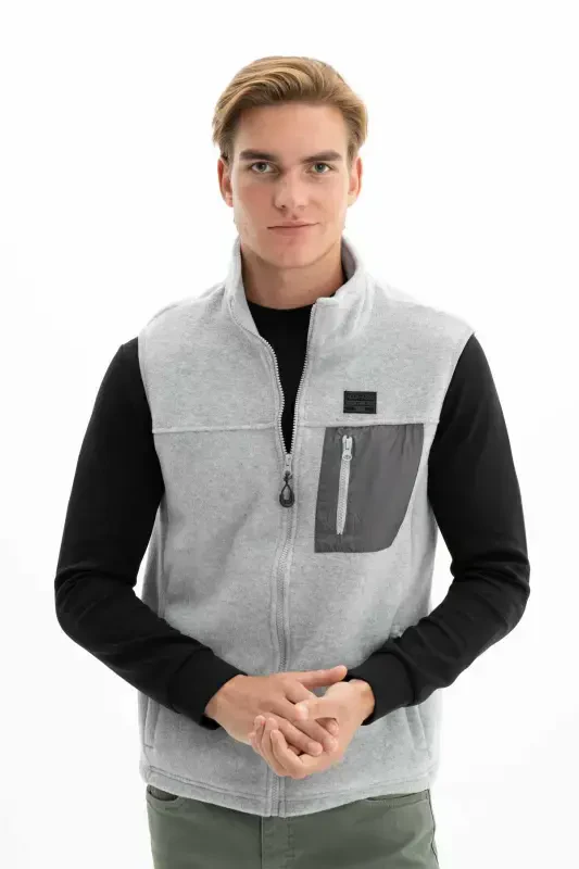 Men's Gray Winter Zipper Pocket Full Zipper Short Sleeve Regular Fit Vest K26424674201-Gray - 5