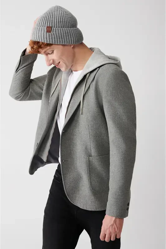 Men's gray wool jacket, single breasted, detachable hood, slim fit. - AVVA