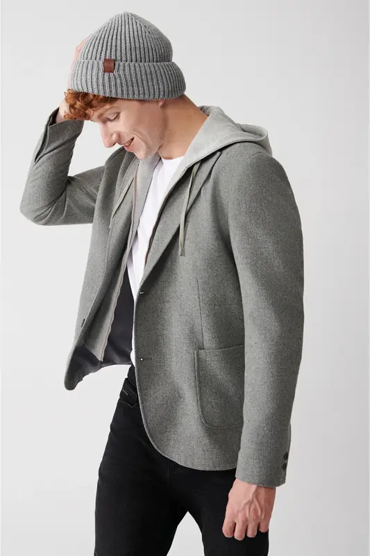 Men's gray wool jacket, single breasted, detachable hood, slim fit. - AVVA