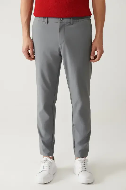 Men's Gray Zeugma Slim Fit Pants with Elastic Waistband, 360 Degree Stretch Technical Fabric A41y3077 - 2