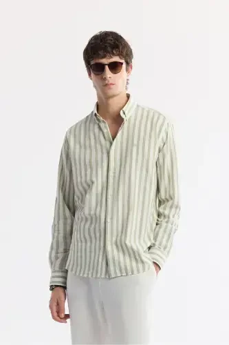 Men's Green 100% Cotton Button-Down Collar Linen Textured S - 1