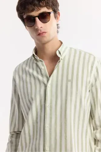 Men's Green 100% Cotton Button-Down Collar Linen Textured S - AVVA (1)