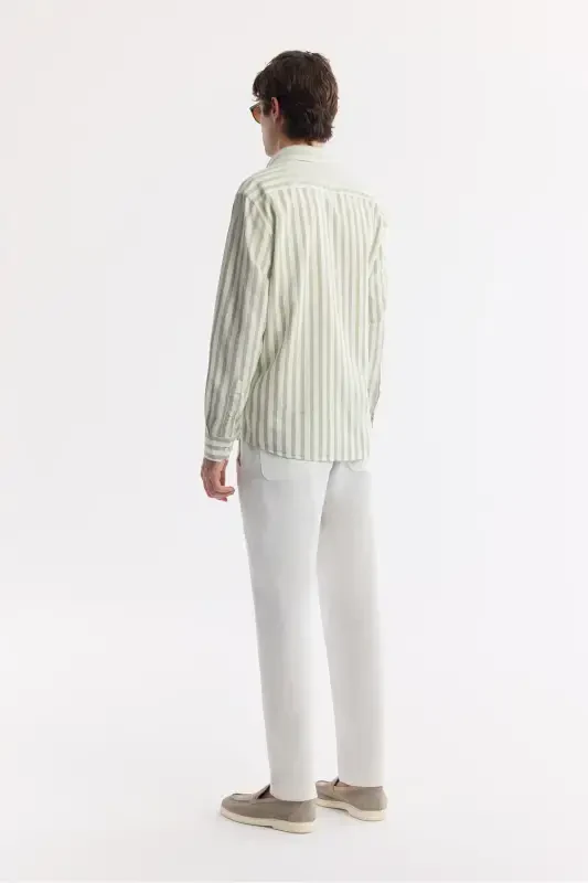 Men's Green 100% Cotton Button-Down Collar Linen Textured S - 4