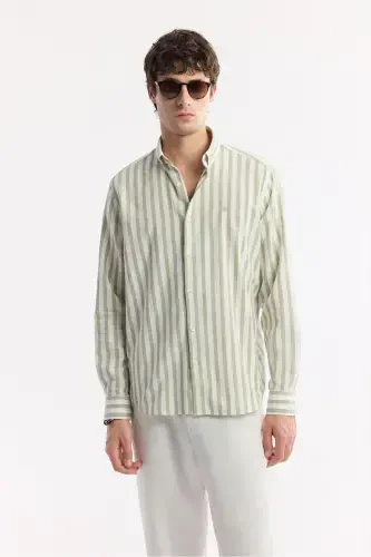 Men's Green 100% Cotton Button-Down Collar Linen Textured S - 6