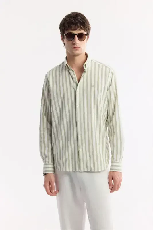 Men's Green 100% Cotton Button-Down Collar Linen Textured S - 6