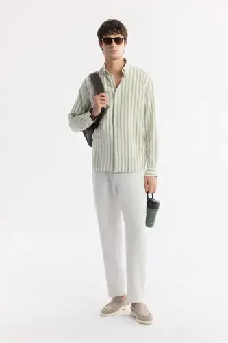 Men's Green 100% Cotton Button-Down Collar Linen Textured S - 7