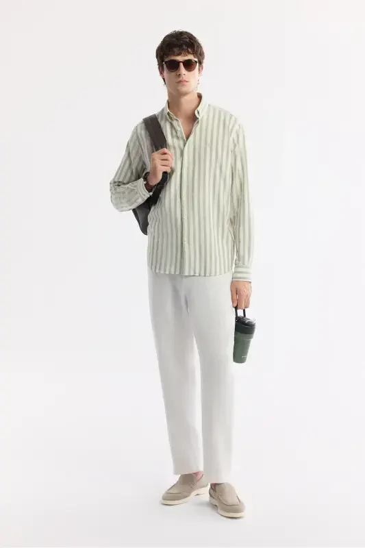 Men's Green 100% Cotton Button-Down Collar Linen Textured S - 7