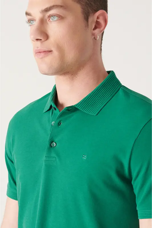 Men's Green 3 Button 100% Egyptian Cotton Polo Shirt - 2