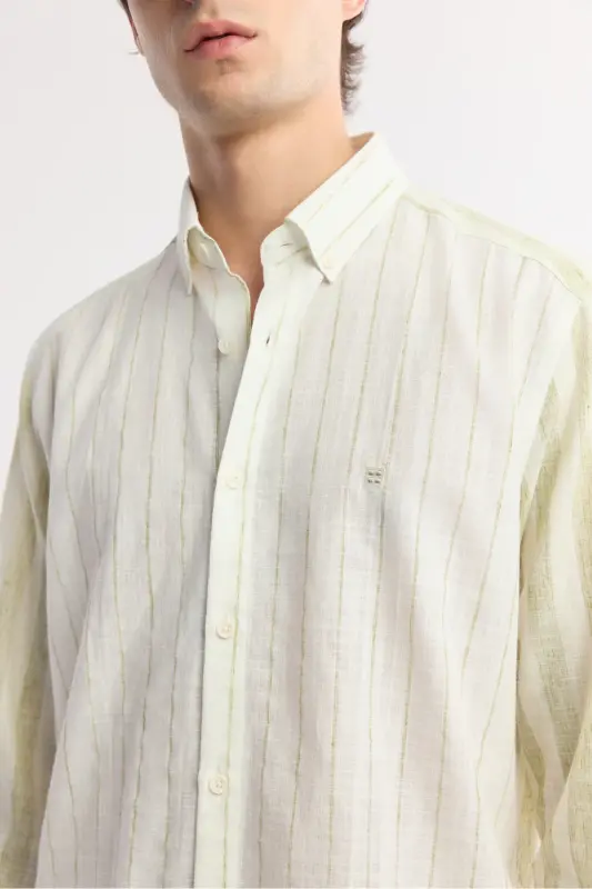 Men's Green Button-Down Collar Striped Long Sleeve Shirt A - 2