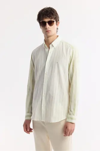 Men's Green Button-Down Collar Striped Long Sleeve Shirt A - 3