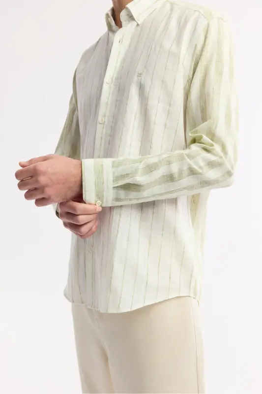 Men's Green Button-Down Collar Striped Long Sleeve Shirt A - 4
