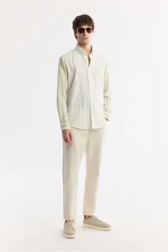 Men's Green Button-Down Collar Striped Long Sleeve Shirt A - 7