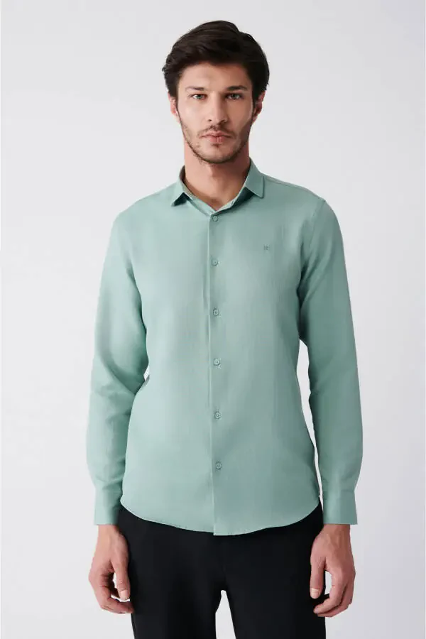 Men's Green Easy Iron Classic Collar Waffle Cotton Slim Fit Shirt E002030 - 1