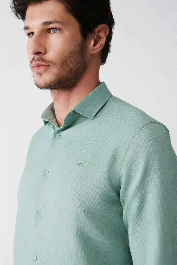 Men's Green Easy Iron Classic Collar Waffle Cotton Slim Fit Shirt E002030 - 2