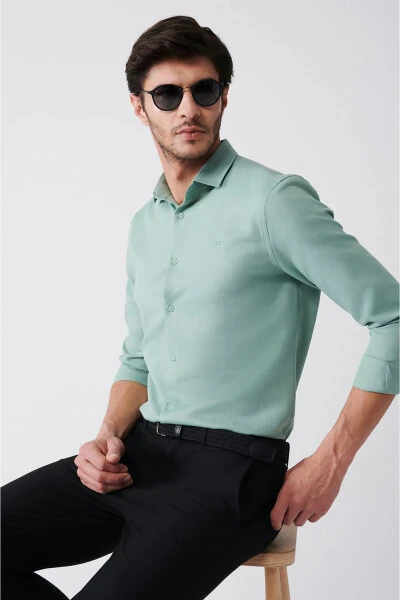 Men's Green Easy Iron Classic Collar Waffle Cotton Slim Fit Shirt E002030 - 3