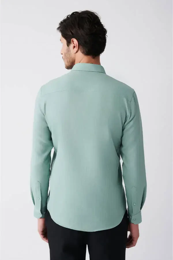 Men's Green Easy Iron Classic Collar Waffle Cotton Slim Fit Shirt E002030 - 4
