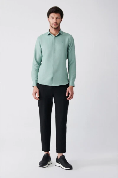 Men's Green Easy Iron Classic Collar Waffle Cotton Slim Fit Shirt E002030 - 5