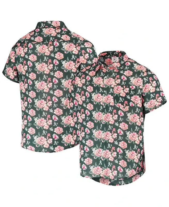 Men's Green Oakland Athletics Floral Linen Button-Up Shirt - 1