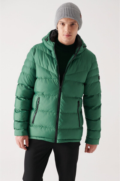 Men's Green Puffer Jacket Water Repellent Windproof Quilted Hooded Comfort Fit E006011 - 7