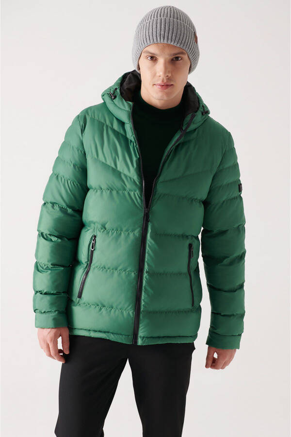 Men's Green Puffer Jacket Water Repellent Windproof Quilted Hooded Comfort Fit E006011 - 7